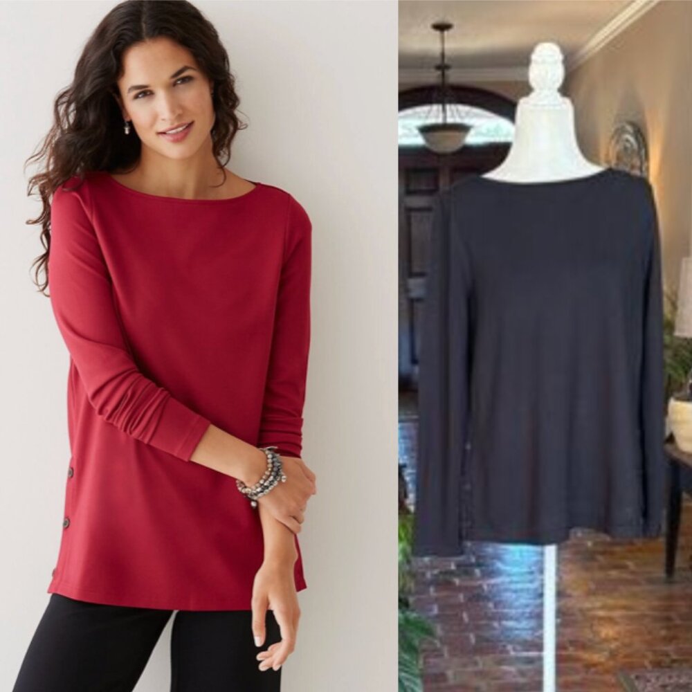 J Jill Ponte Knit Top Button Side Long Sleeve black Boat Neck Tunic Sz M